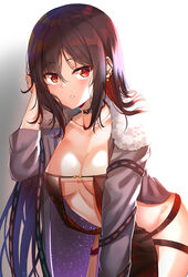 akuta_hinako arched_back arm_support bangs black_choker black_dress blush breasts brown_hair center_opening choker clavicle cowboy_shot dress earrings eyebrows_visible_through_hair fate/grand_order fate_(series) female female fur-trimmed_jacket fur_collar fur_trim grey_jacket groin hair_flip hand_up high_resolution jacket jewelry leaning_forward long_hair long_sleeves looking_at_viewer medium_breasts navel open_clothes open_jacket parted_lips piercing red_eyes revealing_clothes ribbon_trim shadow sidelocks solo starry_sky_print sunhyun tagme very_long_hair white_background yu_miaoyi_(fate)