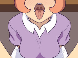 1girls allennilsen_(editor) big_breasts blush breasts clothed clothed_female cum_hungry derker derker_bluer edit female female_focus from_above invitation on_knees open_mouth oral_invitation orange_hair pov sarah_bluer shiny_skin short_hair teeth tongue tongue_out youtube_hispanic