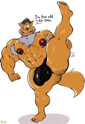 1boy abs anthro armpit_hair bobthetanuki body_hair bulge butt_hair chest_hair clothing domestic_cat eyewear felid feline felis genital_outline glasses grey_hair hair hanna-barbera hat headgear headwear hi_res male male_only mammal mature_anthro mature_male mayor_manx muscular muscular_male nipples one_leg_up pecs penis_outline raised_leg solo solo_male speedo swat_kats swimwear