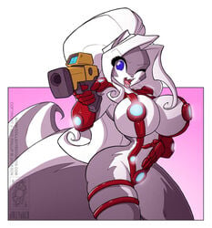 armor bikini_armor blue_eyes breasts chloe_sinclaire female female_only fluffy fluffy_tail grey_body grey_fur gun holding_weapon jolly_jack large_breasts lipstick long_hair one_eye_closed open_clothes ponytail skimpy tongue two_tone_body two_tone_fur two_tone_tail unconvincing_armor white_body white_fur white_hair