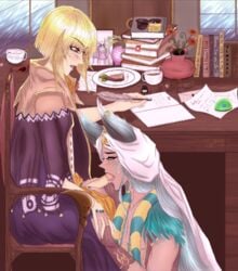 blonde_hair blowjob blue_fur blue_hair fox_boy fox_ears glasses male/male rune_factory rune_factory_4 under_the_desk yaoi