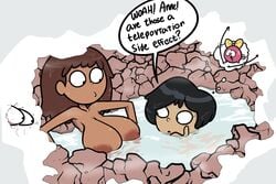 2girls amphibia anne_boonchuy bath bathing big_breasts breasts brown_skin color colored dark-skinned_female dark_areola dark_skin dialogue disney disney_channel disney_xd english_text female female_only female_protagonist hot_spring huge_breasts light-skinned_female light_skin marcy_wu multiple_girls nipples nude nude_female onsen partially_submerged pepe_the_frog polly_plantar speech_bubble straight_hair terrible_the_drawfag wet