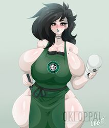 apron beauty_mark black_hair breasts_bigger_than_head coffee_cup eyeshadow female female_focus female_only huge_breasts iced_latte_with_breast_milk meme mole_on_breast mole_under_eye nail_polish naked_apron okioppai pandora_(okioppai) shaved_head voluptuous wide_hips