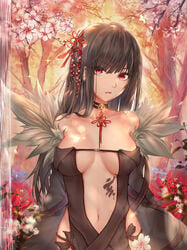 akuta_hinako bangs bare_shoulders black_choker black_dress black_jacket breasts breasts_apart brown_hair center_opening cherry_blossom choker clavicle dress fate/grand_order fate_(series) female female flower fur_collar hair_ornament high_resolution jacket kanzashi long_hair long_sleeves looking_at_viewer luminous medium_breasts navel open_clothes open_jacket parted_lips pixiv_id_20497976 red_eyes red_flower revealing_clothes sidelocks solo standing stomach tagme tree upper_body water yu_miaoyi_(fate)