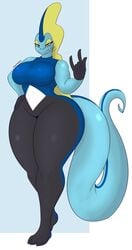 2021 anthro artist_name artist_signature big_breasts dewwydarts dewwydartz furry game_freak inteleon iris_(dewwydartz) pear_shaped pear_shaped_female pokemon pokemon_(species) pokemon_ss scalie thunder_thighs wide_hips yellow_eyes