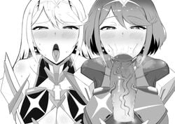 2girls :>= ahe_gao armor bangs black_and_white blowjob blowjob_face blush breasts breath_cloud core_crystal crystal earrings exposed_shoulders fellatio gatyo_5 gem hair_ornament heart heart-shaped_pupils huge_breasts huge_cock jewelry large_penis long_hair looking_at_viewer mythra nintendo oral penis pyra saliva short_hair sweat sweatdrop swept_bangs tagme throat tiara tongue_out veiny_penis xenoblade_(series) xenoblade_chronicles_2