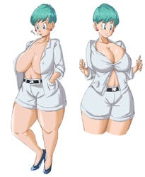 1girls areolae_slip blue_eyes blue_hair breasts bulma_briefs bulma_briefs_(beginnings_of_dragon_ball_z) cleavage dragon_ball dragon_ball_z earrings female female_only high_heels hourglass_figure huge_breasts human midriff milf no_bra open_shirt panarandom shirt short_hair smoking solo thick_thighs toei_animation white_background wide_hips