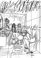 4girls bathroom bathtub biku bow bow_panties breasts cleavage clothed desperation dialogue english_text female female_only multiple_girls panties panties_down panty_pull pee_in_sink peeing peeing_in_sink relief sink sitting text toilet underwear urine wine_glass