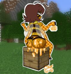 ass bee_girl big_ass bottle cameltoe female food honey insect_wings insects leggings looking_back max0w0 messy minecraft minecraft_mob nature outdoors panties presenting sitting sticky stinger stripes