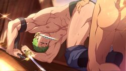 2boys abs anal anal_sex artist_name ass bara bare_ass bent_over character_name copyright_name faceless gay green_hair holding_weapon katana male male/male male_only male_penetrated male_penetrating male_penetrating_male mazjojo muscles muscular muscular_male nipples on_knees one_piece penetration roronoa_zoro scar scar_across_eye scar_on_chest scar_on_face scars sword weapon yaoi