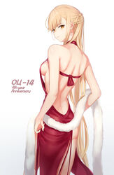 anniversary back backless_dress bare_shoulders blonde_hair braid braided_bangs breasts chaciooh character_name dress earrings english english_text female fur girls'_frontline high_resolution jewelry long_hair looking_at_viewer medium_breasts ots-14_(girls'_frontline) red_dress russian_text smile solo tagme text tied_hair white_background yellow_eyes