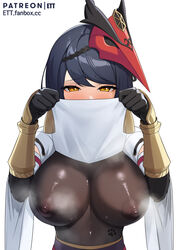 1girls big_breasts black_elbow_gloves black_gloves black_hair black_long_gloves breasts elbow_gloves embarrassed ett female female_only genshin_impact gloves kujou_sara large_breasts long_gloves mask mask_on_head nipples nipples_visible_through_clothing solo solo_female subjectivity yellow_eyes