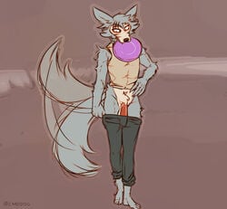 2021 artist_name beastars black_bottomwear black_clothing black_pants bottomwear canid canine canis clothed clothing frisbee frisbee_in_mouth fur furry furry_only genitals grey_body grey_fur lawyerdog legoshi_(beastars) male male_only mammal pants penis shirt simple_background sleeveless_shirt solo tail tailwag topwear wolf