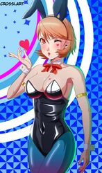 armpit blowing_kiss breasts brown_hair bunny_ears bunnysuit crossi.art female female_focus female_only heart heart_on_breast looking_at_viewer one_eye_closed painted_nails persona persona_3 pink_nails shin_megami_tensei short_hair solo_female thighs yukari_takeba