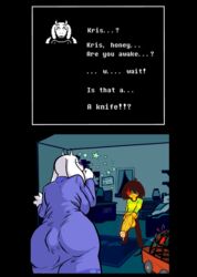 1boy 1girls anthro ass_view bedroom big_ass big_butt big_penis blush brown_hair comic comic_page deltarune dialog dialogue digital_media_(artwork) eyes_covered female goat_humanoid grabbing_penis hi_res holding_penis incest kojoarts kris_(deltarune) large_penis male milf mommy naughtypaw_(artist) night nighttime penis precum preparing presenting_penis purple_clothing red_eye straight striped_shirt surprised surprised_expression surprised_face text throbbing throbbing_penis toriel ttherandom tthrandom tthrandom_rp veiny_penis walking_in_on white_fur yellow_skin