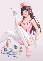 :d ass bare_shoulders blush bottle breasts brown_hair cleavage eyebrows_visible_through_hair female gloves hat hime_cut long_hair looking_at_viewer medium_breasts mool_yueguang nurse nurse_cap open-mouth_smile open_mouth original pill purple_eyes sailor_collar sitting sleeveless smile solo syringe tagme teeth thighhighs white_gloves white_legwear