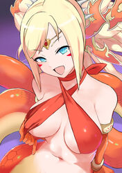 1girls 2021 big_breasts bikini_top blonde_hair blue_eyes breasts echidna_(p&d) face_markings female female_only headgear lamia long_hair looking_at_viewer open_mouth puzzle_&_dragons smile solo taguchi_sp