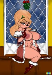 a_goofy_movie boots christmas christmas_outfit disney female_focus female_only finger_to_mouth gloves joelasko lisa_(a_goofy_movie) looking_at_viewer marmelmm mistletoe nipples nude nude_female open_robe posing rough_sketch snow window