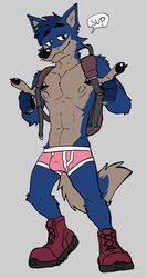 anthro backpack bactover blue_body blue_fur blue_hair boots canid canine canis clothing countershading dialogue digital_media_(artwork) english_text footwear fur gesture greeting grey_background grey_body grey_countershading hair half-closed_eyes hi_res looking_at_viewer male mammal narrowed_eyes navel nipples pink_clothing pink_underwear pointing pointing_at_viewer sharp_teeth simple_background smile solo teeth text topless_male underwear v-cut wolf