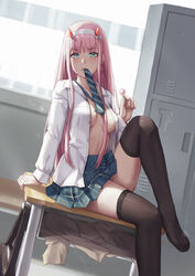 aqua_eyes arm_support black_legwear blush breasts chair clavicle colored_skin darling_in_the_franxx desk eyebrows_visible_through_hair feet female female female_focus fingernails green_eyes hair_between_eyes hairband hand_up horns leg_lift long_hair long_sleeves looking_at_viewer medium_breasts mool_yueguang mouth_hold necktie no_shoes on_desk oni_horns open_clothes pink_hair red_horns red_pupils red_skin school_chair school_desk school_uniform sitting skirt solo tagme thighhighs thighs uniform white_hair_ornament white_hairband younger zero_two_(darling_in_the_franxx) zettai_ryouiki