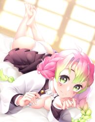 barefoot braided_hair breast_squeeze bubble_butt cleavage clothing demon_slayer feet female female_only full_body green_eyes haori kanroji_mitsuri kimetsu_no_yaiba looking_at_viewer mole_under_eye on_bed on_stomach panties perspective pink_hair pleated_skirt skirt_up smile soles solo the_pose two_tone_hair uosaasou white_panties