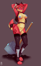 anthro belt blue_eyes choker clothed clothing digitigrade female genitals hammer hi_res horn jewelry kintsuki_soran kobold legwear necklace nipples partially_clothed pussy rose_(disambiguation) simple_background solo stockings tail_pouch thick_tail tools topwear vest