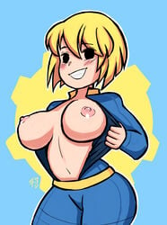 1girls big_breasts black_eyes blonde_hair blush breasts exposed_breasts fallout looking_at_viewer mob_face nipples partially_clothed short_hair simple_background smile solo tomboy_sama vault_girl vault_suit