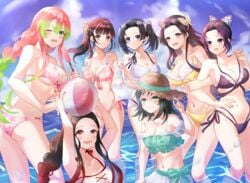 7girls aqua_eyes arms_up beach beach_ball big_breasts bikini black_bikini black_hair blue_eyes braided_hair butterfly_hair_ornament cleavage dark_hair demon_slayer female female_only green_eyes hariharima_200 kamado_nezuko kanroji_mitsuri kanzaki_aoi_(kimetsu_no_yaiba) kimetsu_no_yaiba kochou_kanae kochou_shinobu long_hair looking_at_viewer makomo medium_breasts multiple_girls nail_polish outside pink_bikini pink_eyes pink_hair ponytail popsicle purple_eyes small_breasts smile sun_hat swimsuit tsuyuri_kanao twintails two_tone_hair underboob water white_bikini wink yellow_bikini