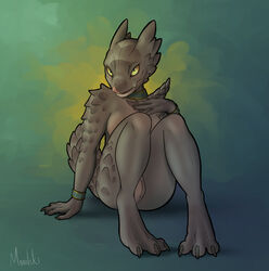 2020 absurd_res anthro armlet biped breasts claws collar female genitals green_background grey_body hi_res kobold licking licking_lips liz_(crestfallenartist) looking_at_viewer moonski nude pussy scalie simple_background sitting solo tongue tongue_out