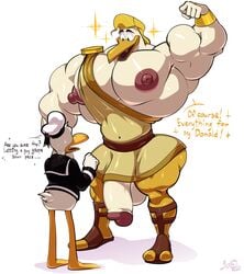 absurd_res anatid anseriform anthro avian balls beak big_balls big_muscles big_pecs big_penis bird blonde_hair bobthetanuki bottomless clothed clothing disney donald_duck duck ducktales ducktales_(2017) duo english_text feathers genitals hair hat headgear headwear hi_res huge_cock male male/male male_only muscular muscular_anthro muscular_male nipples partially_clothed pecs penis standing storkules text white_body white_feathers