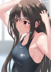 akuta_hinako bangs bare_shoulders black_swimsuit blush breasts brown_hair closed_mouth competition_swimsuit ear_piercing earrings fate/grand_order fate_(series) female hair_between_eyes high_resolution jewelry jonsun long_hair medium_breasts multiple_earrings one-piece_swimsuit piercing pixiv_id_60182 solo swimsuit tagme tank_suit very_long_hair wet yu_miaoyi_(fate)