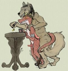 anthro beverage canid canine drakue_(artist) duo fantasy grinding hi_res humanoid knot kobold male male/male male_only mammal public public_nudity red_dragon_inn ripsnarl_(red_dragon_inn) tool_belt under_the_table were werecanid werecanine werewolf wrench_(red_dragon_inn)