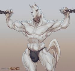 1boy 2021 abs anthro balls_outline barazoku biceps big_bulge big_muscles body_fur braided_hair bulge chains clothing digital_media_(artwork) equid equine exercise front_view genital_outline grey_background hi_res horse laser_(artist) looking_at_viewer male male_nipples male_only male_thong mammal masculine mature_male muscular muscular_anthro muscular_male navel nipples obliques pecs quads shaded shirtless simple_background smooth_fur solo standing tail text thong topless underwear url workout