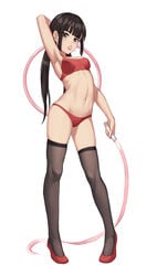 armpits bangs black_legwear blunt_bangs blush bra breasts brown_eyes brown_hair candy chinese eyebrows_visible_through_hair female flats food food_in_mouth full_body holding hoop hula_hoop lollipop long_hair looking_at_viewer low_twintails mool_yueguang mouth_hold navel one_arm_up open_mouth original pigeon_toed red_footwear simple_background small_breasts solo sports_bra standing stomach tagme thighhighs tied_hair twintails underwear white_background