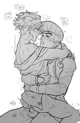 2boys anal anal_penetration anal_sex blush blushing clothing diamond_is_unbreakable eye_contact gay jojo's_bizarre_adventure josuke_higashikata looking_at_partner male/male male_penetrated male_penetrating male_penetrating_male on_lap open_mouth penetration penis_in_ass rg_(artist) rohan_kishibe sitting_on_lap yaoi