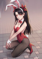 angry animal_costume animal_ears bangs bare_shoulders black_hair blurry blush bow bowtie breasts bunny_costume bunny_ears bunny_tail bunnysuit cleavage costume depth_of_field detached_collar fake_animal_ears fate/grand_order fate_(series) female hair_ornament hair_ribbon hairband high_heels high_resolution ishtar_(fate) leotard long_hair looking_at_viewer medium_breasts mool_yueguang one_knee open_mouth pantyhose parted_bangs red_eyes red_footwear ribbon shoes solo sweat tail tied_hair twintails two_side_up wrist_cuffs