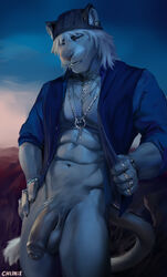 1boy 2021 abs anthro balls bottomless casual_exposure chunie clothed clothing detailed_background digital_media_(artwork) felid feline flaccid foreskin fur genitals hi_res humanoid_genitalia humanoid_penis jewelry lion looking_at_viewer male male_only mammal muscular muscular_anthro muscular_male navel open_mouth pantherine penis pubes silver_(metal) silver_jewelry solo uncut vein veiny_penis