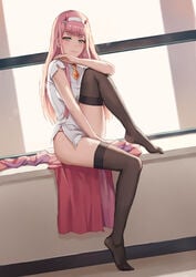 alternate_legwear bangs blunt_bangs bodysuit breasts darling_in_the_franxx dutch_angle eyebrows_visible_through_hair female female full_body green_eyes hairband horns leg_up long_hair medium_breasts mool_yueguang oni_horns orange_neckwear pantsu pink_hair red_bodysuit red_horns red_panties red_underwear shirt sitting small_breasts smile solo straight_hair tagme thighhighs underwear white_hair_ornament white_hairband white_shirt window windowsill zero_two_(darling_in_the_franxx)