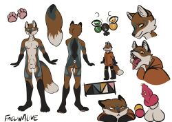 absurd_res anthro artist_name balls canid canine faelinalive fox genital_piercing genitals hi_res humanoid male mammal model_sheet nipples penis penis_piercing piercing solo