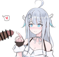 1boy 1girls ahoge amatsuka_uto bakertosin bangs bar_censor blush dark-skinned_male dark_skin dtspen hair_clips hairclip heart heart-shaped_pupils indie_virtual_youtuber light-skinned_female light_blue_hair light_skin long_hair multicolored_hair nose_blush penis pointing_at_penis ribbon_choker shoulder_straps silver_hair two_side_up virtual_youtuber white_dress wing_hair_ornament