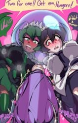 2girls black_hair black_shirt bondage bubble captain_kirb clothed clothed_sex clothing dark-skinned_female dark_blue_tie female filia_(skullgirls) fukua_(skullgirls) green_eyes green_hair green_tie huge_cock hungern_(skullgirls) light-skinned_female male penis purple_eyeshadow red_eyes samson_(skullgirls) shamone_(skullgirls) skullgirls text text_bubble tongue vein white_shirt