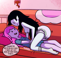 2girls adventure_time black_hair canon_couple clothed clothed_female diaper female female_only hand_on_diaper lazyblazy_(artist) marceline multiple_girls pink_hair pink_skin princess_bubblegum romantic topless vampire yuri