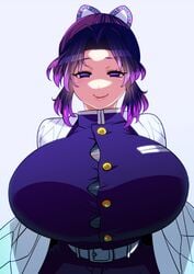 1girls breasts demon_slayer female female_only fully_clothed gigantic_breasts haori kimetsu_no_yaiba kochou_shinobu perepere-kun smile smiling smiling_at_viewer solo tight_clothes tight_clothing