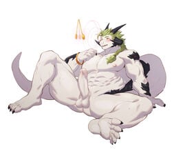 abs absurd_res anthro balls barefoot dragon erection feet genitals green_hair hair hi_res horn humanoid_genitalia humanoid_penis hypnosis kemono long_hair male male_only mind_control muscular pendulum penis scalie shaded uken_l