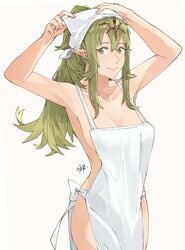 1girls alternate_costume apron bare_thighs breasts cleavage collarbone female fire_emblem fire_emblem_awakening green_eyes green_hair highres large_breasts long_hair looking_to_the_side medium_hair mostly_nude naked_apron nintendo pointy_ears ponytail sakuremi smile solo thighs tiki_(adult)_(fire_emblem) tiki_(fire_emblem) white_background white_skin