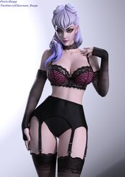 3d 3d_(artwork) black_bra black_panties breasts cleavage depp_(artist) evelynn garter_belt garter_straps hand_on_hip k/da_all_out_evelynn k/da_all_out_series lace_gloves large_breasts league_of_legends lingerie looking_at_viewer pale-skinned_female pale_skin purple_hair tagme thighhighs thighs tiger_print