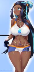 1girls alternate_breast_size big_breasts blue_eyes blue_hair breasts dufreyjupiter earrings hair_ornament large_breasts minishorts nessa_(pokemon) nintendo pokemon pokemon_ss shorts solo sports_bra standing sweat swimsuit thick_thighs two_tone_hair