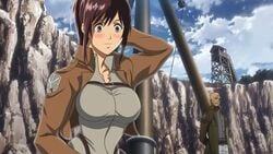 1boy 1girls animated attack_on_titan bato-ghost big_breasts blush boobs bouncing_breasts breasts nipples no_sound outdoors sasha_braus shirt_lift shorter_than_10_seconds shorter_than_30_seconds video