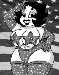 1girls 2021 4th_of_july american_flag armwear betty_boop big_breasts black_and_white black_eyes black_hair black_lipstick breasts burlesque casual chubby cleavage curvy cute female female_only gloves human legwear light-skinned_female lipstick monochrome pale_skin rubberhose salute spitfirearts tagme thick_thighs