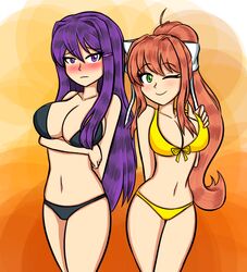 2girls alternate_costume bikini breasts brown_hair doki_doki_literature_club female female_only green_eyes looking_at_viewer medium_hair monika_(doki_doki_literature_club) multiple_girls one_eye_closed ponytail purple_eyes purple_hair swimsuit thesilentdrawer white_skin wink winking winking_at_viewer yellow_bikini yellow_bikini_bottom yellow_bikini_top yuri_(doki_doki_literature_club)